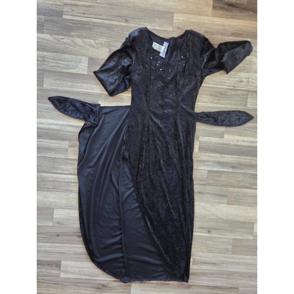 VTG All That Jazz Crushed Velvet Maxi Dress S Beaded Whimsigoth Wrap Slit Black - Picture 7 of 12